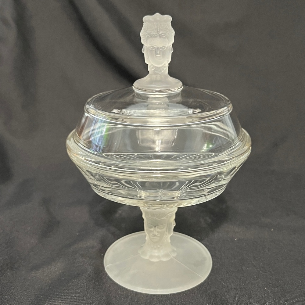 DUNCAN MILLER Antique Clear/Frosted Glass 3-Faces Pedestal Dish